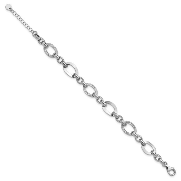 925 Sterling Silver RH-plat Polish/Textured Fancy Link w/1.25in ext. Bracelet